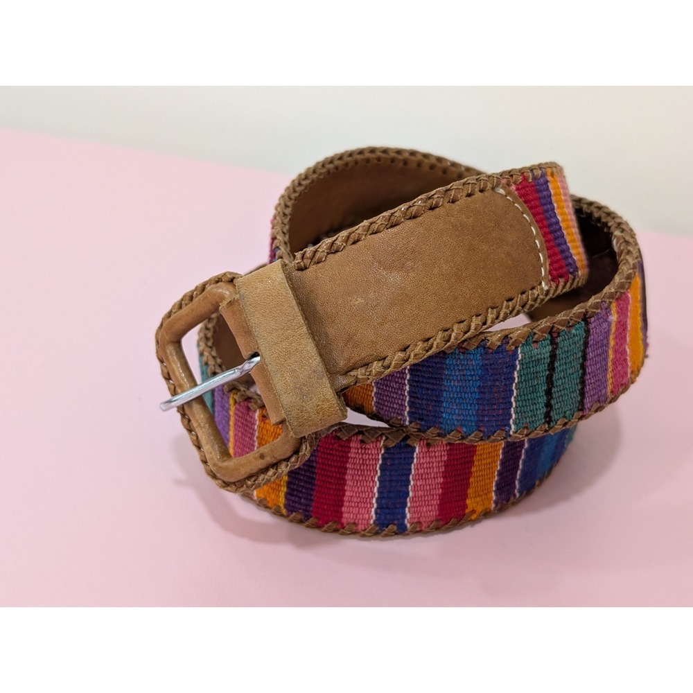 Colorful Guatamalan Stitched Brown Leather Belt - Women's Size 38/Large